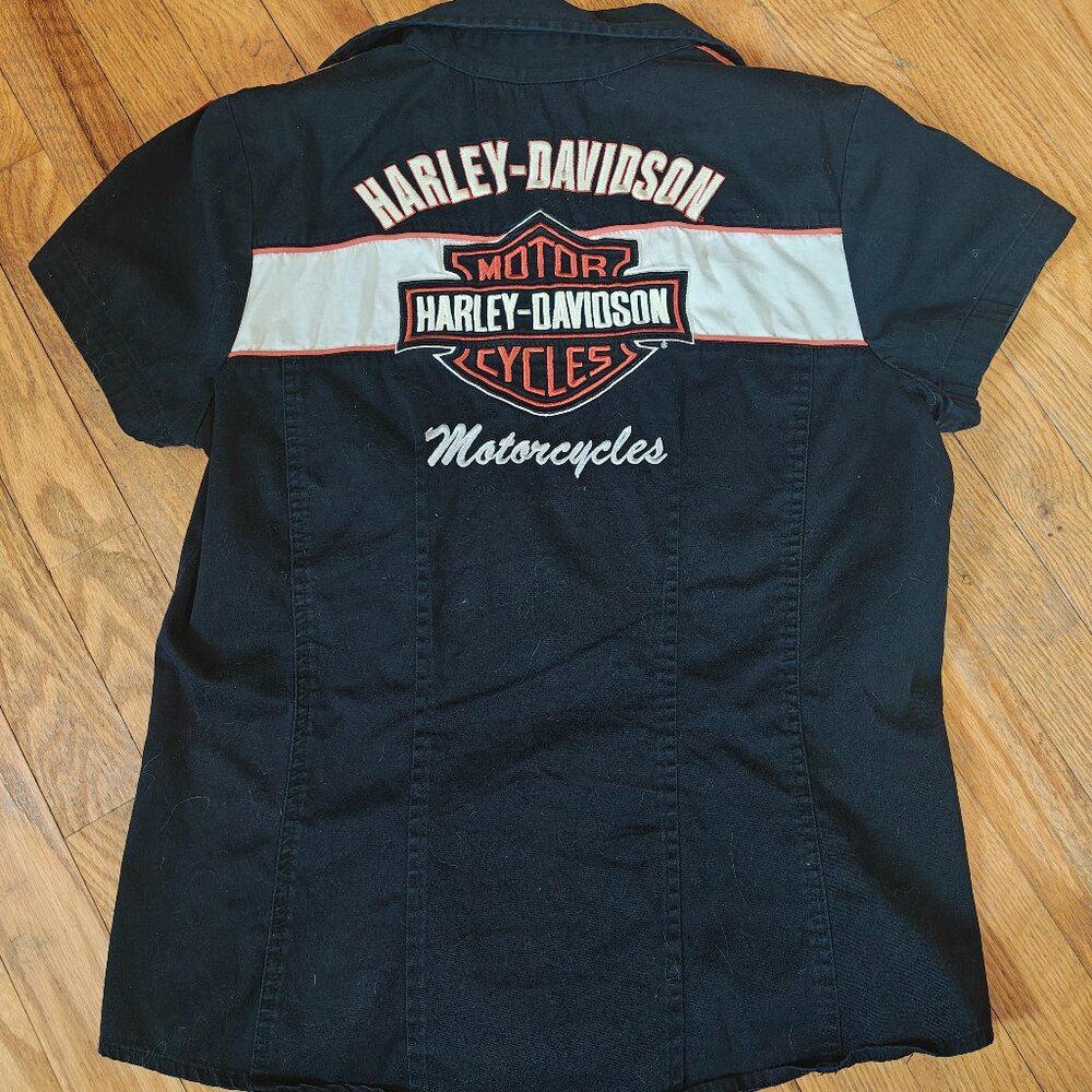 Genuine Harley-Davidson Women’s Zip Up Garage Mechanic Shirt Medium Black Orange